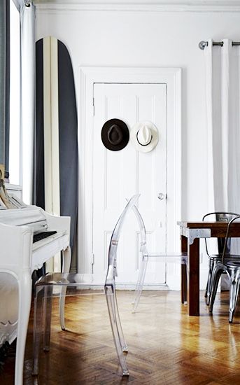 This monochromatic surfboard was designed to match this Gramercy Park apartment of world traveler Kristin Barone . Photo: Michael Mundy/An Afternoon With.