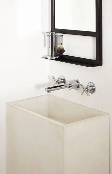 Here's a closer look at the shaving station with the  Percy Wall-Mouted Faucet with Cross Handles.  