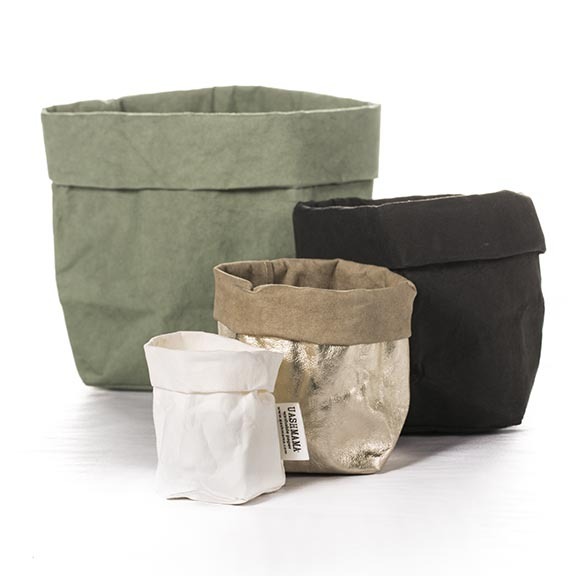  J'adore these — use them as plant cachepots, to stash office stuff, fabric samples, makeup, potatoes, onions, knitting — whatever.&nbsp; Uashmama  washable paper storage bags, starting at $10.&nbsp; 