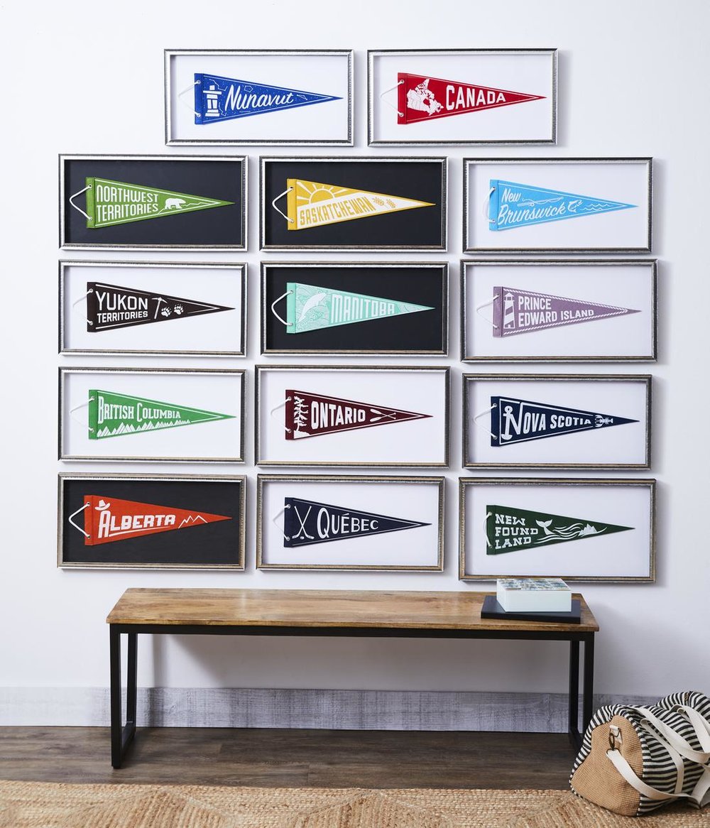  Love pennants! Since there is one for every province and territory I decided to hang them in a grid in a loosely West to East arrangement. They aren't all in identical frames though, so that made spacing a challenge. I think the unevenness gives it 