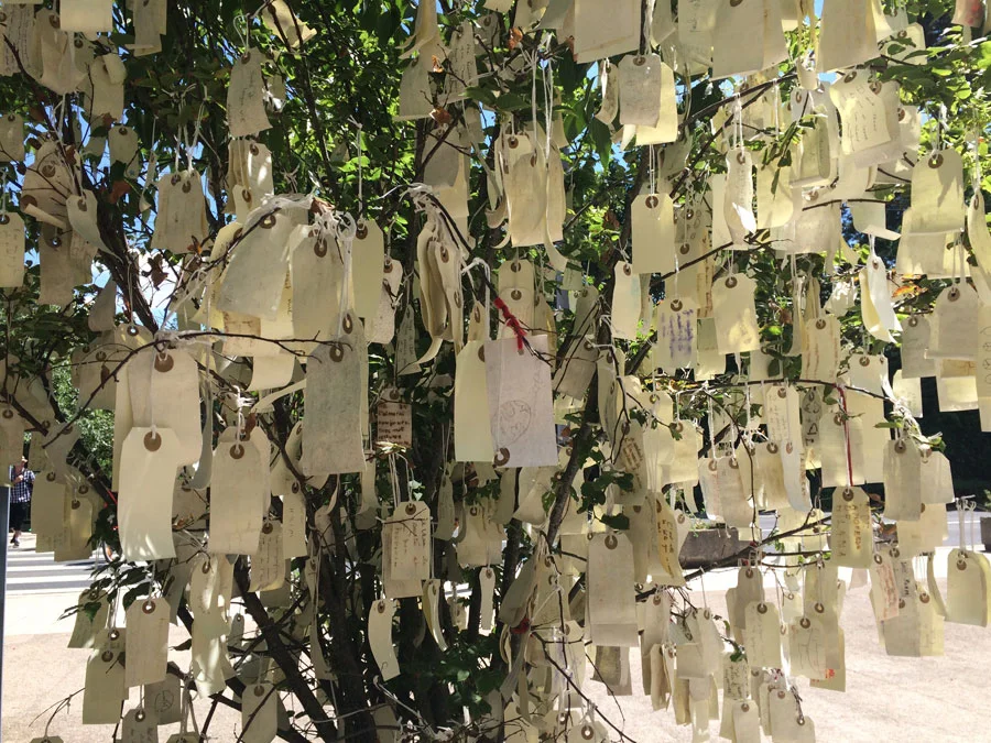 Wish Tree. No Yoko Ono exhibition is complete without the recognizable Wish Trees where visitors are invited to write and share their wishes. There were a few outside that greeted you and a couple more inside the glass lobby. I am always attracted to the human element. It is so touching to seeing a collection of fluttering of tags with different handwritings and languages and dreams. 