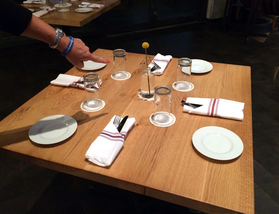 Simple and beautiful . The table setting at White Oak | Kitchen & Cocktails . Kerri points at the little details. 