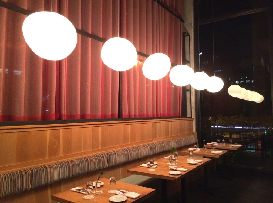 Orbs. The lovely and irregularly shaped pendant lights at White Oak . 