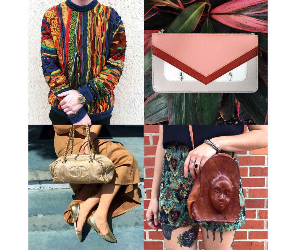 Highlights from our IG: 1. Hands down, the best vintage 90's Coogi sweater I have even seen. 2. Fendi Monster color block zip pouch with hypnotic diamonds in her eyes. 3. Metallic gold-toned Chanel handbag with matching d'Orsay flats. 4. Vintage whiskey-colored crossbody bag with bas-relief portrait. This was a remnant from the seller's traveling days while touring South America. I've never seen a bag quite like this and will never forget this one.