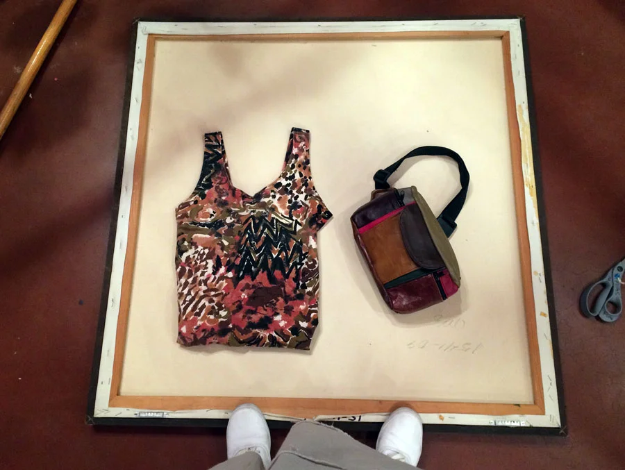 These colors. Dress with haphazard paint print in muted earth-tones. Fanny pack with leather patchwork color-blocking. The two make quite a perfect pair. All vintage .