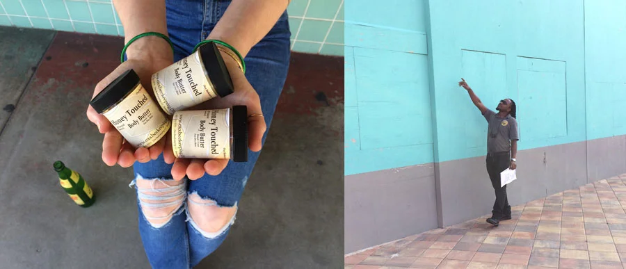 Busy Bees. 1) A helping handful of Honey Touched : Body Butter. 2) Oxx points out a bee.
