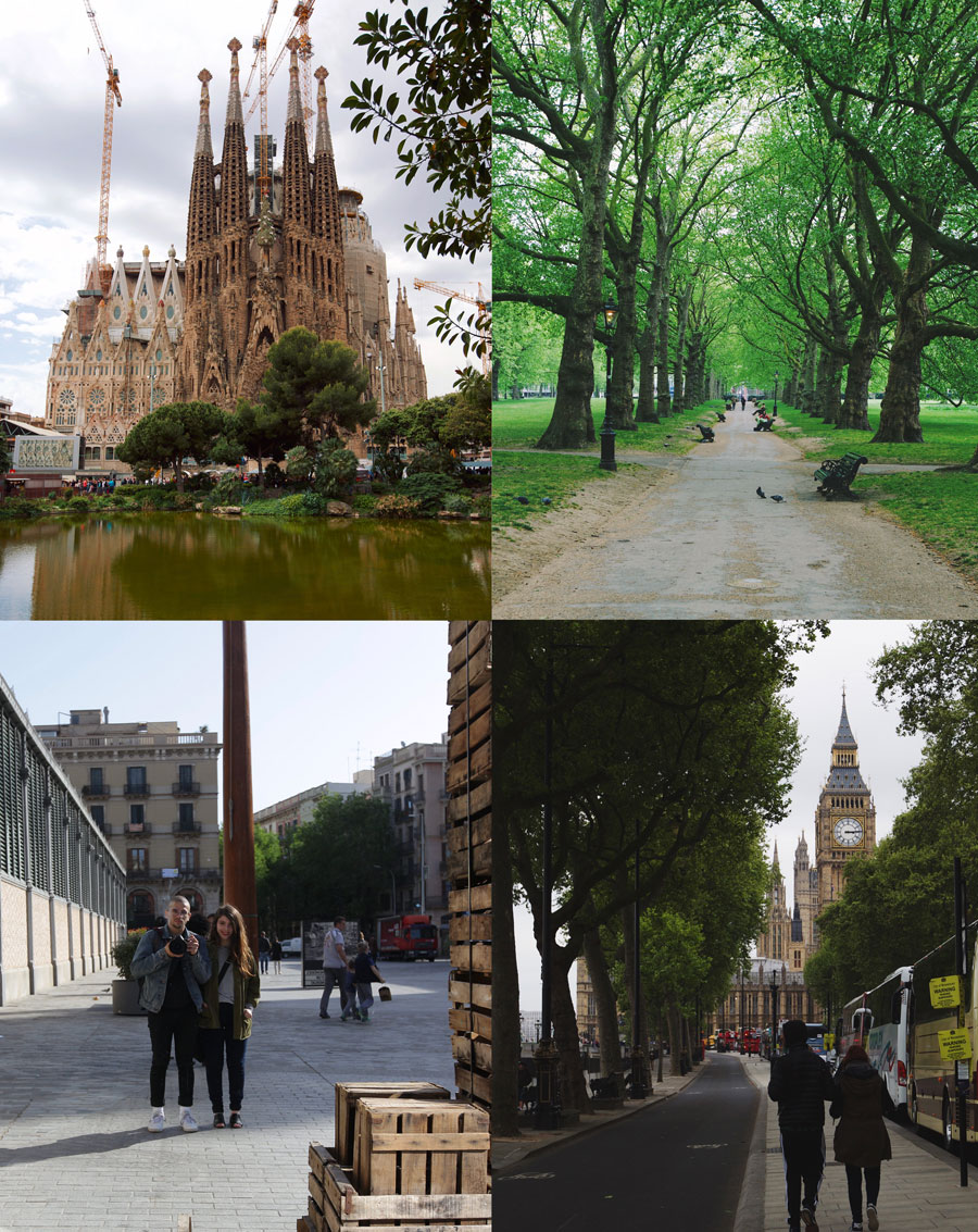 1. Barcelona La Sagrada Familia Gaudi from across the pond. 2. London Park across from Buckingham Palace 3. Barcelona Born selfie with Irene in front of El Born Centre de Cultura in Memoria 4. London Street view along the Thames facing Parliament.