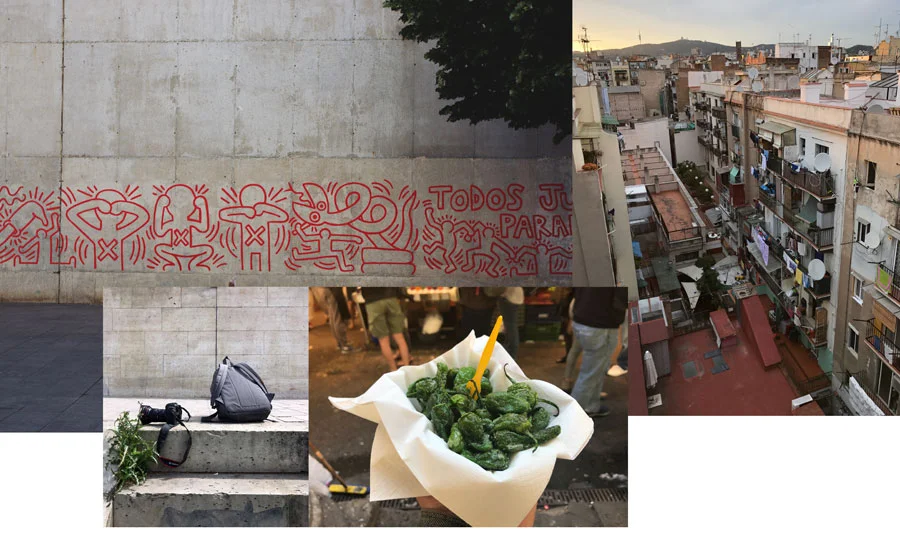 1. Barcelona Keith Haring Aids Mural MACBA. 2. Barcelona View from Mikey's Airbnb terrace in El Raval District 3. Mikey's gear resting on the Seine, Canon 5D Mark III with a 16-35mm lens, Herschel backpack. 4. Barcelona La Boqueria, popular tapas, pimentos de padron. 