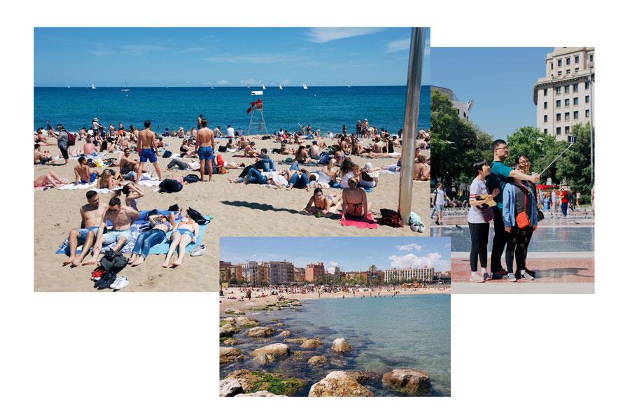 1. Barceloneta Crowds soaking up the sun. 2. Barcelona Center of Barcelona / Placa de Catalunya. When I asked of the Asian tourists with the selfie stick, Mikey laughed and commented, "They did so many angles." 3. Barcelona On the Mediterranean, a semi-nude beach. 