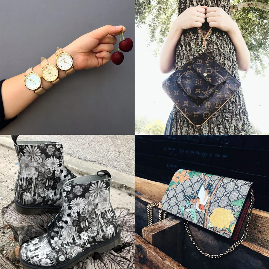 We have all kinds of objects that speak to your inner desire to be in nature this summer. 1. Assorted gold-tone Kate Spade watches and ripe cherries. 2. Partition wristlet from Louis Vuitton with Dechoes tree-hugger :) 3. Dr. Martens Pascal 8-Eye Slime Floral boots on the stump. 4. Gucci Tian Crossbody wallet-on-chain with beautiful hummingbird overlay print.