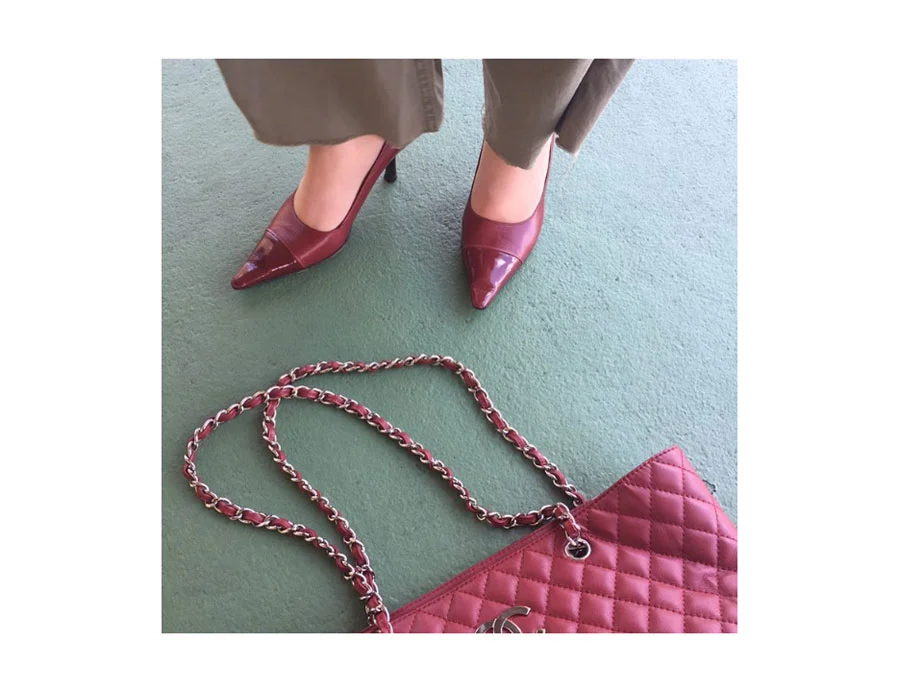 Patent toe / calfskin leather pump, Quilted tote.