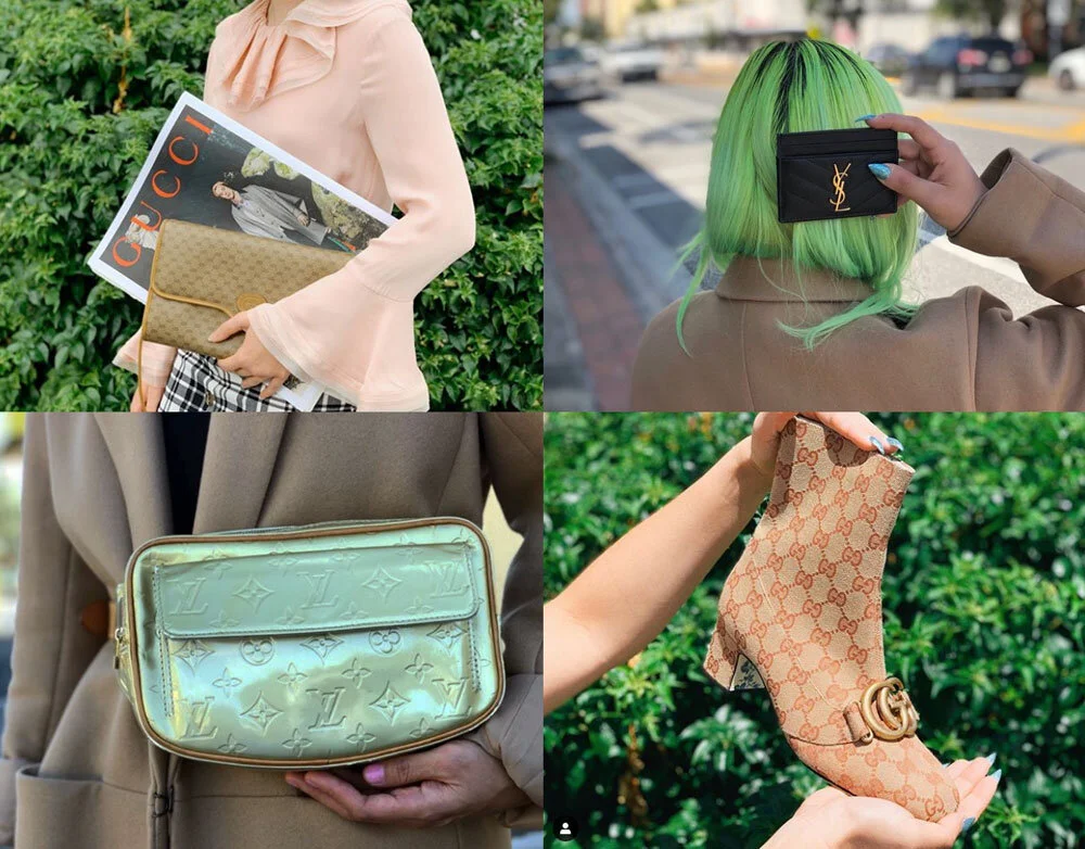 From our temporary account with the 300 Followers. Thank you, 300. ( t op left to right, mini GG monogram clutch, vintage Gucci , quilted texture leather card holder, Saint Laurent , camel coat, Theory | bottom left to right, Vernis Fulton fannypack circa 1999, Louis Vuitton , GG canvas booties, Gucci )