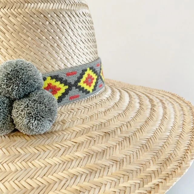 Gonzalez Hand Woven Wide Brim Hat Grey &amp; Lemon