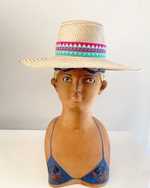 Gonzalez Hand Woven Wide Brim Hat Aqua &amp; Fuchsia