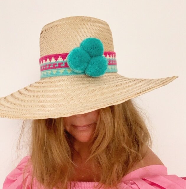 Gonzalez Hand Woven Wide Brim Hat Aqua &amp; Fuchsia