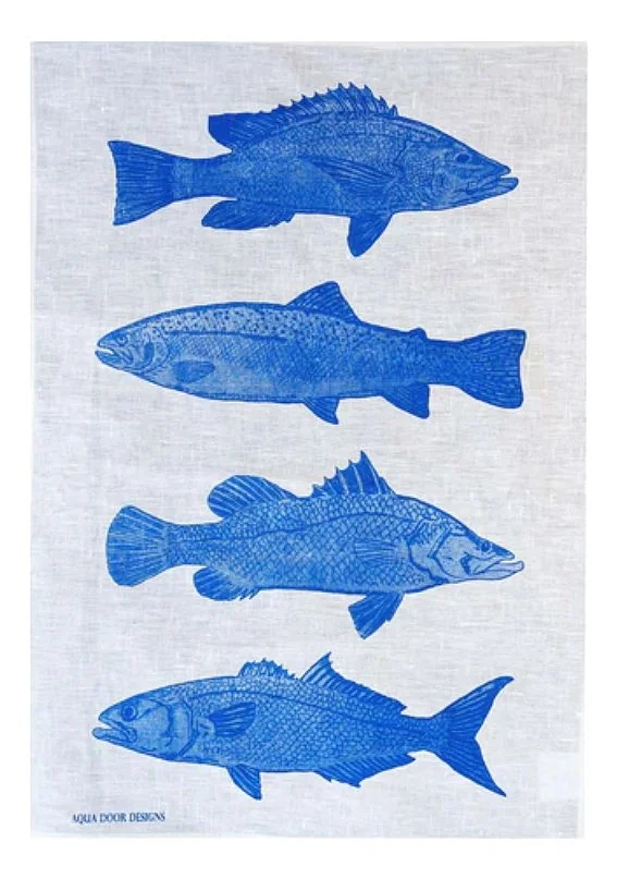 Aqua door Design Cobalt Fish Linen Tea Towel