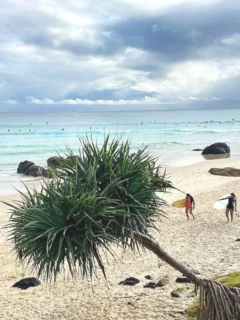 Relaxed holiday atmosphere at Kirra Point with surfers and families