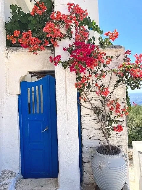Scenic alleys of Sifnos village overlooking the Aegean Sea