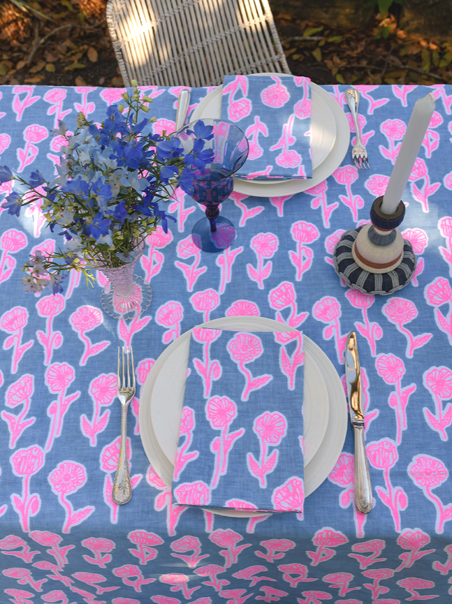 Aqua door Designs Highlighter pink + blue Poppies Linen Tablecloth