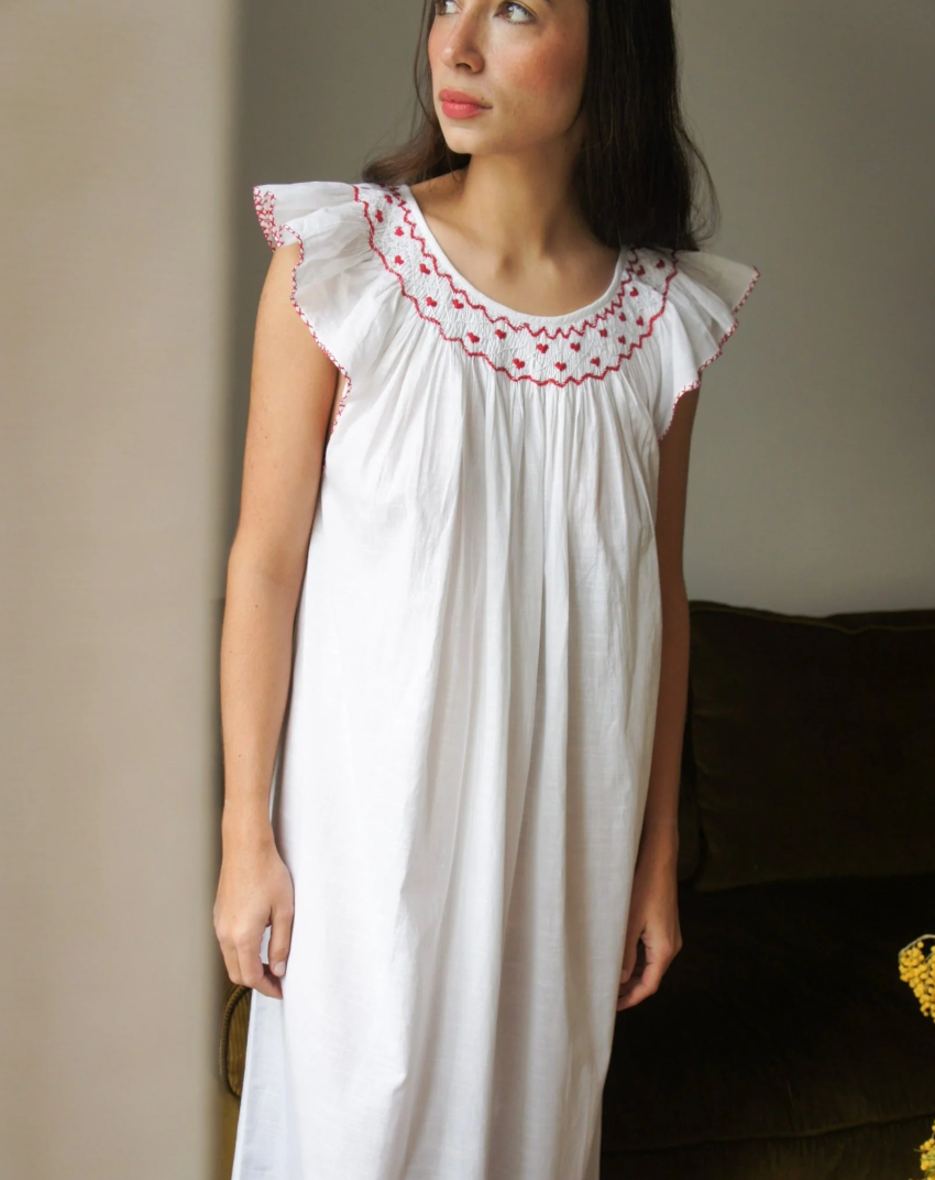 Scarlette Ateliers Dona night dress- White with red embroideries