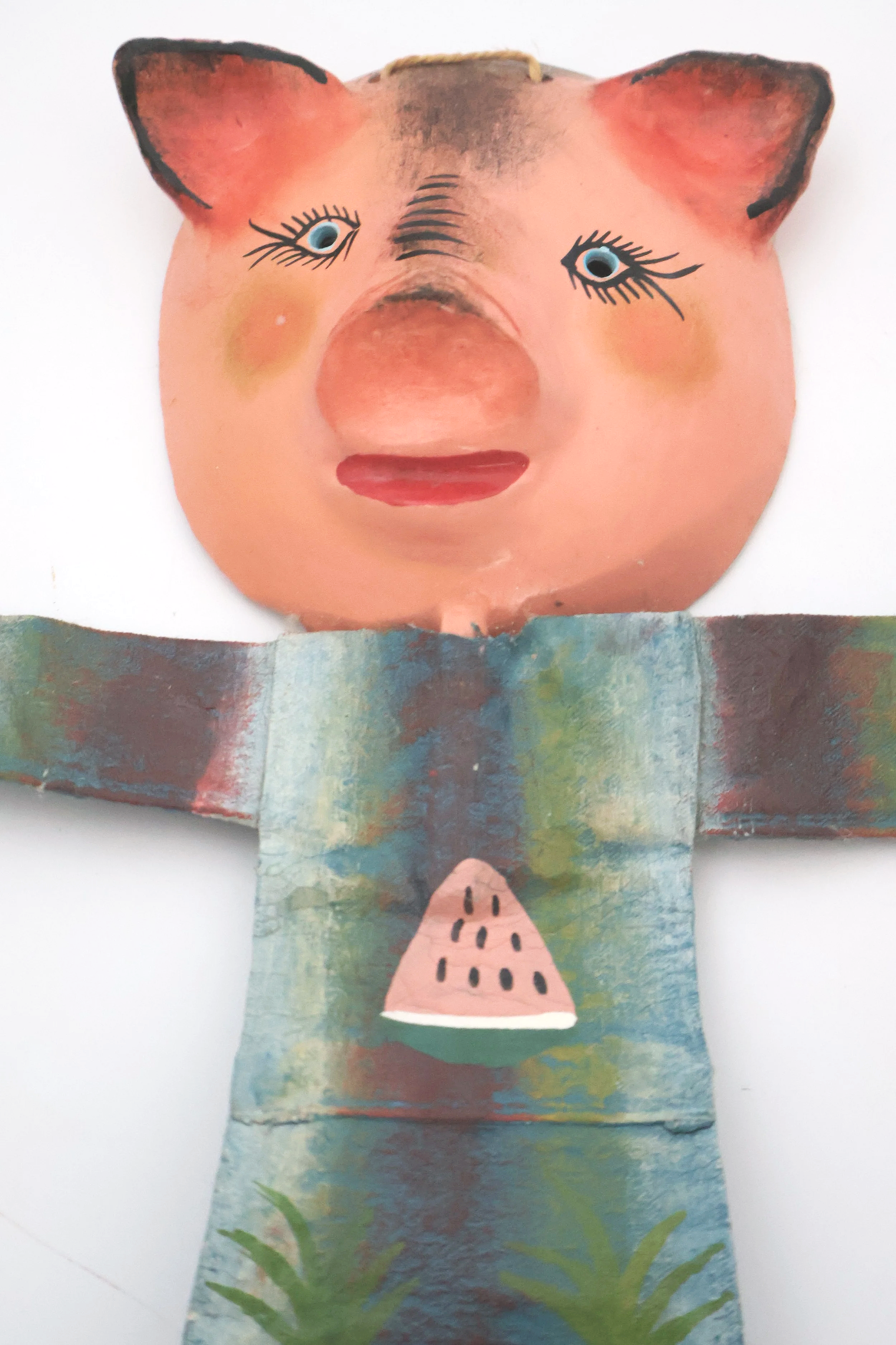 Mexican Folk Art Piggy Coconut Shell Wall Hanging with Canvas Body
