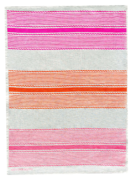 Aqua door Design Tuxedo Stripe Neon Crimson, Neon orange + Flamingo Linen Tea Towel