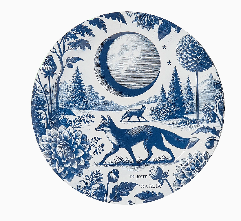 Foxy Dahlia Toile Dessert Paper Plates - Blue 8 Per Pack