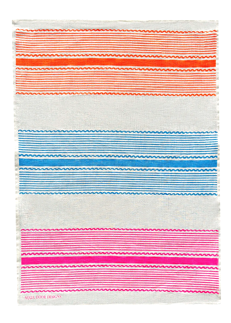 Aqua door Design Tuxedo Stripe Neon Orange, Sky Blue + Highlighter Pink Linen Tea Towel