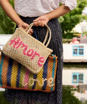 Laugh style BIG totebag／Quality jute The Jacksons LOVE Jute Bag- Black/Natural/Pink — ESPLORA