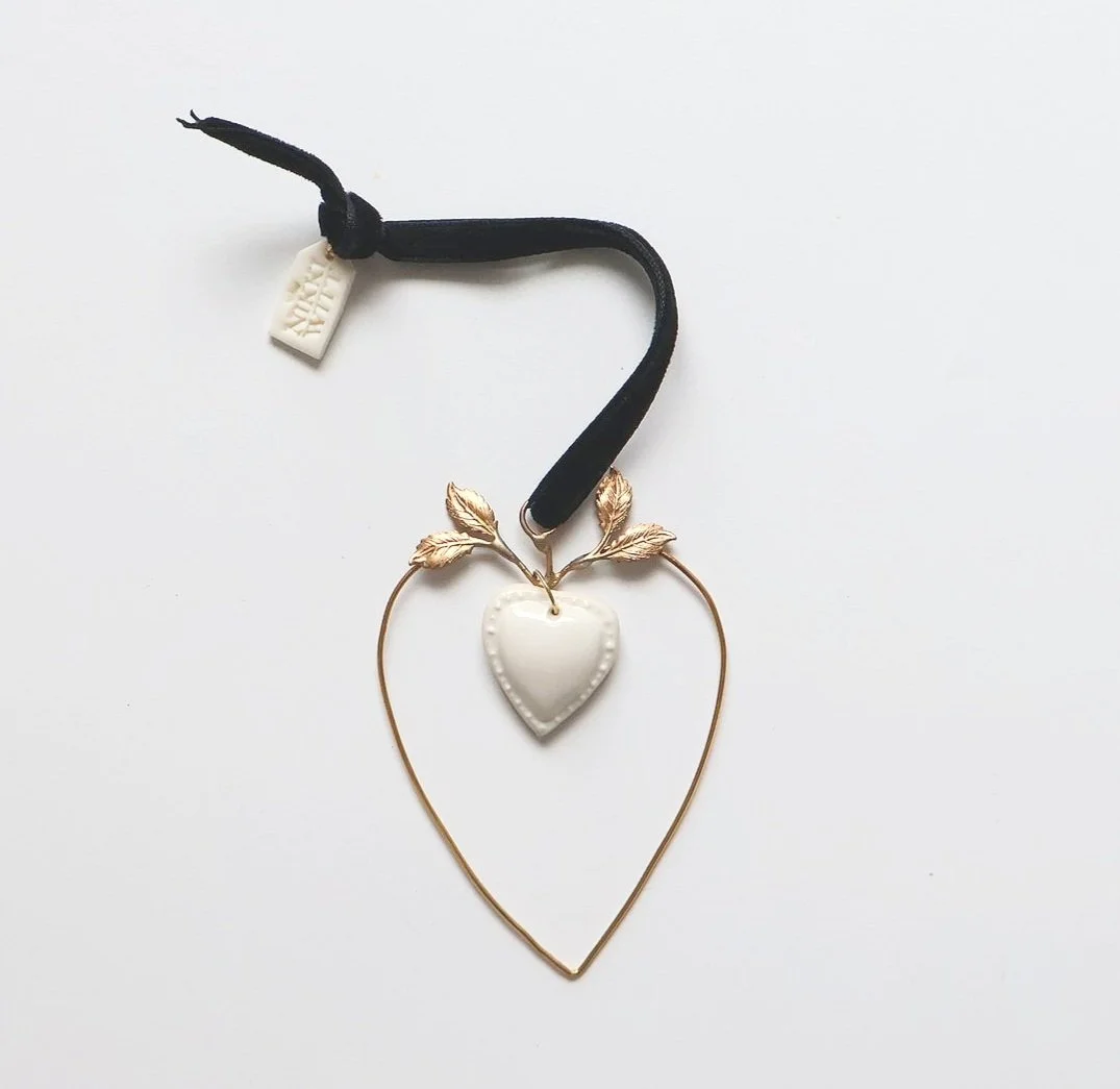 Nikki Witt Xmas Brass & Ceramic Heart on Heart Small Decoration
