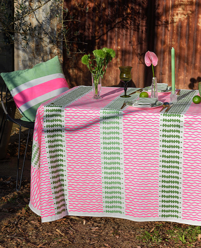 Aqua door Designs Highlighter pink + green Barley Twist Linen Tablecloth