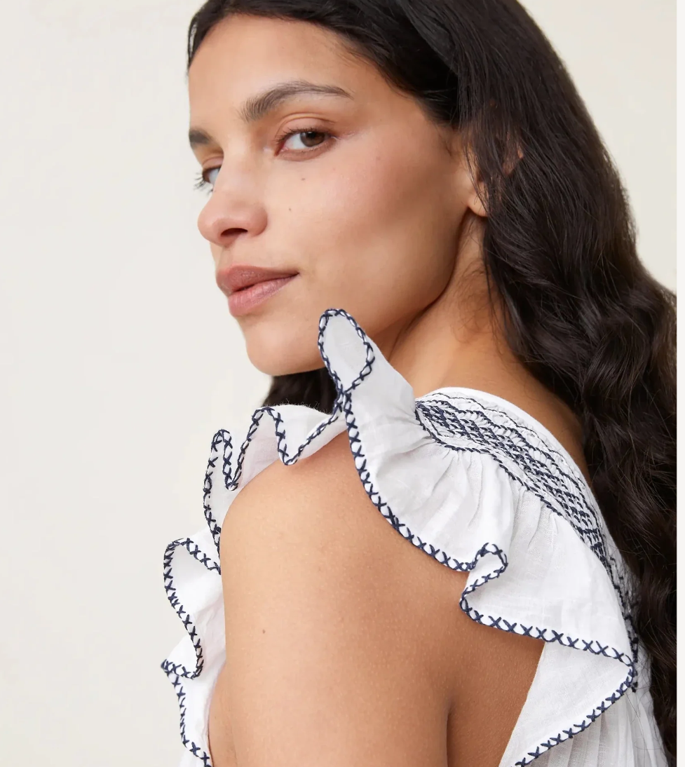 Scarlette Ateliers Dona night dress- White with navy embroideries