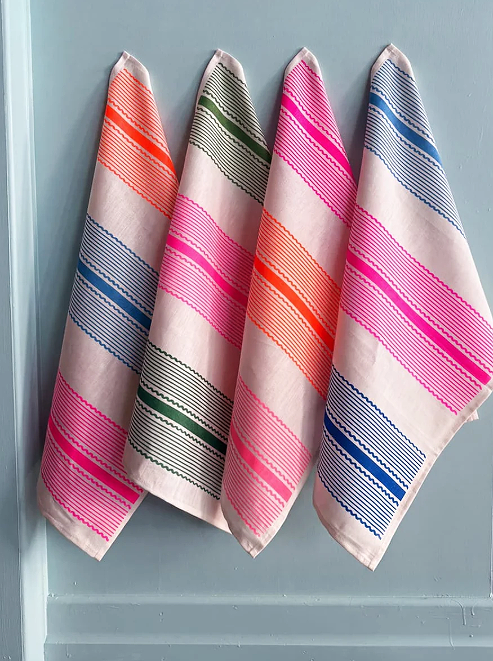 Aqua door Design Tuxedo Stripe Neon Orange, Sky Blue + Highlighter Pink Linen Tea Towel