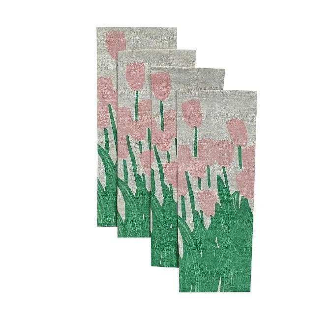 Aqua door Designs Pink +Green Tulips Linen Napkins (Set of 4)