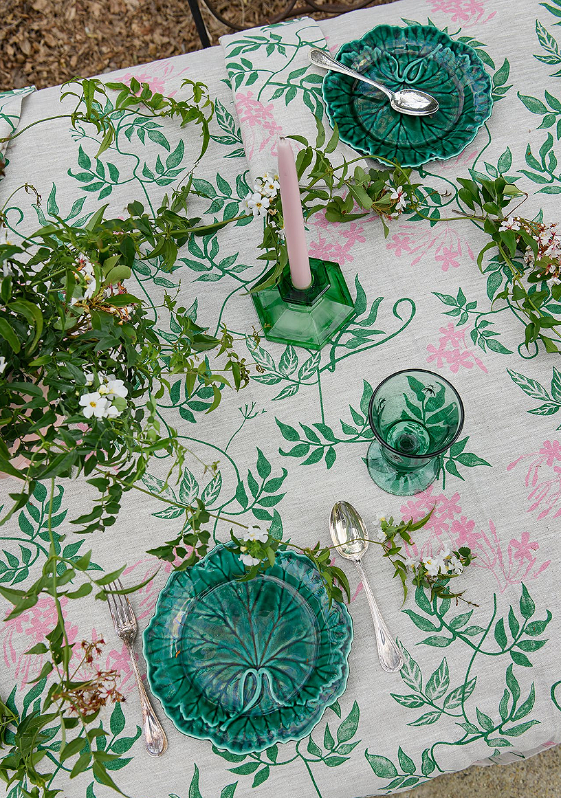 Aqua door Designs Green + Pink Jasmine Linen Tablecloth