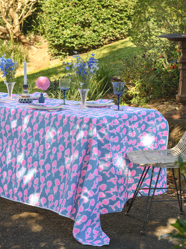 Aqua door Designs Highlighter pink + blue Poppies Linen Tablecloth
