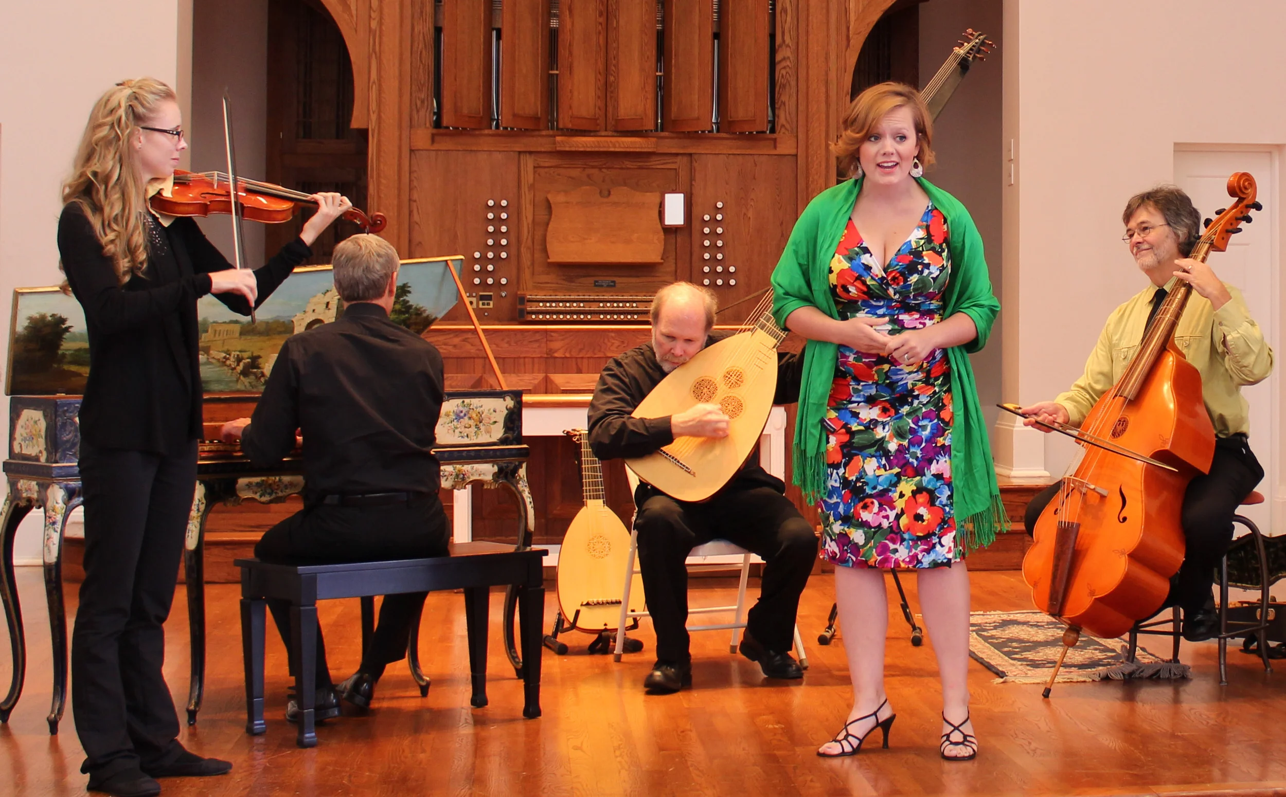 The three original members of Such Sweete Melodie first worked together on a recording session in 2009 led by violone player Philip Spray. Several months later, Phil, Lindsey and Jeff met in a church in Chicago to read some songs and immediately recognized the potential for good music-making. Although this meeting was an unrehearsed reading session, the church music director hired them on the spot for the church’s concert series. Since then, Lindsey, Phil and Jeff have worked together regularly as Such Sweete Melodie. Early keyboard specialist Charles Metz joined the ensemble in late 2012, bringing both his expertise and his 400-year-old Francesco Poggi virginal to the enterprise. Several months later, the quartet expanded to a quintet with the addition of baroque violinist Alice Culin-Ellison. As individual players, they participate in a wide variety of music that includes Broadway show tunes, Medieval dance music, Argentine tangos and the standards of the classical repertoire, but as an ensemble Such Sweete Melodie has gravitated to the expressively experimental music of the early seventeenth century. The band has devised programs that focus on the early years of the baroque era, featuring the music and performance styles that came to define “baroque” as a break with the old style and something clearly on the cutting edge. From the well-known—Claudio Monteverdi, Henry Purcell and John Dowland—to the obscure—Tarquinio Merula, Benedetto Ferrari della Tiorba, Nicholas Lanier and others – Such Sweete Melodie offers evocative and beautiful songs and early violin sonatas supported by the dulcet sounds of lutes, guitars, lirone, violone and virginal. Such Sweete Melodie has performed and taught on college campuses from Michigan to Mississippi and has appeared in concert in Louisville, Milwaukee, St. Louis, Indianapolis and Memphis with numerous appearances in the Chicago area.
