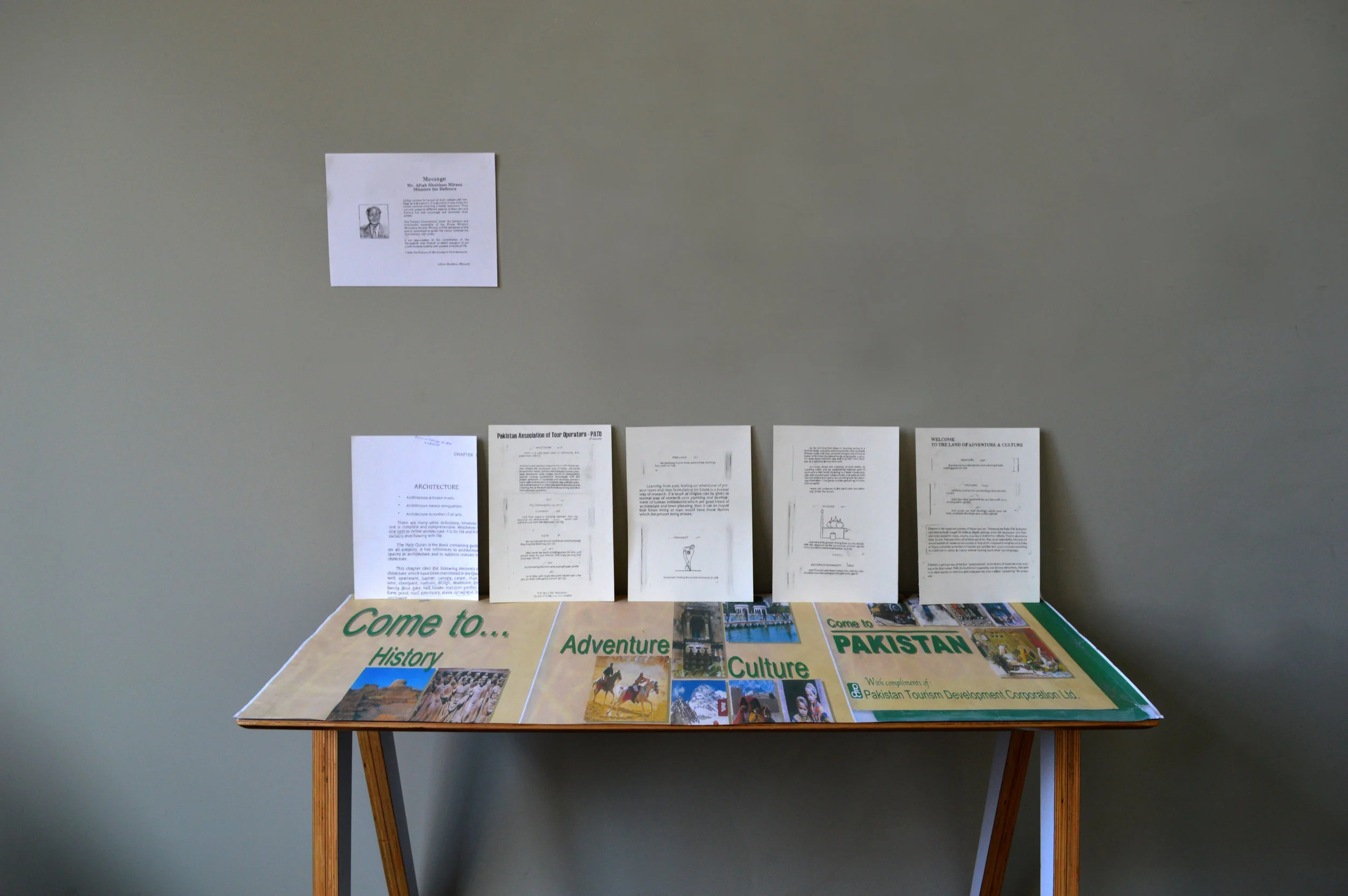 Town Planning and Architecture according to the Holy Qur'an, 2017, pencil on paper, drawing installation (6 A4 drawings, photographic print, and table), Varied Dimensions