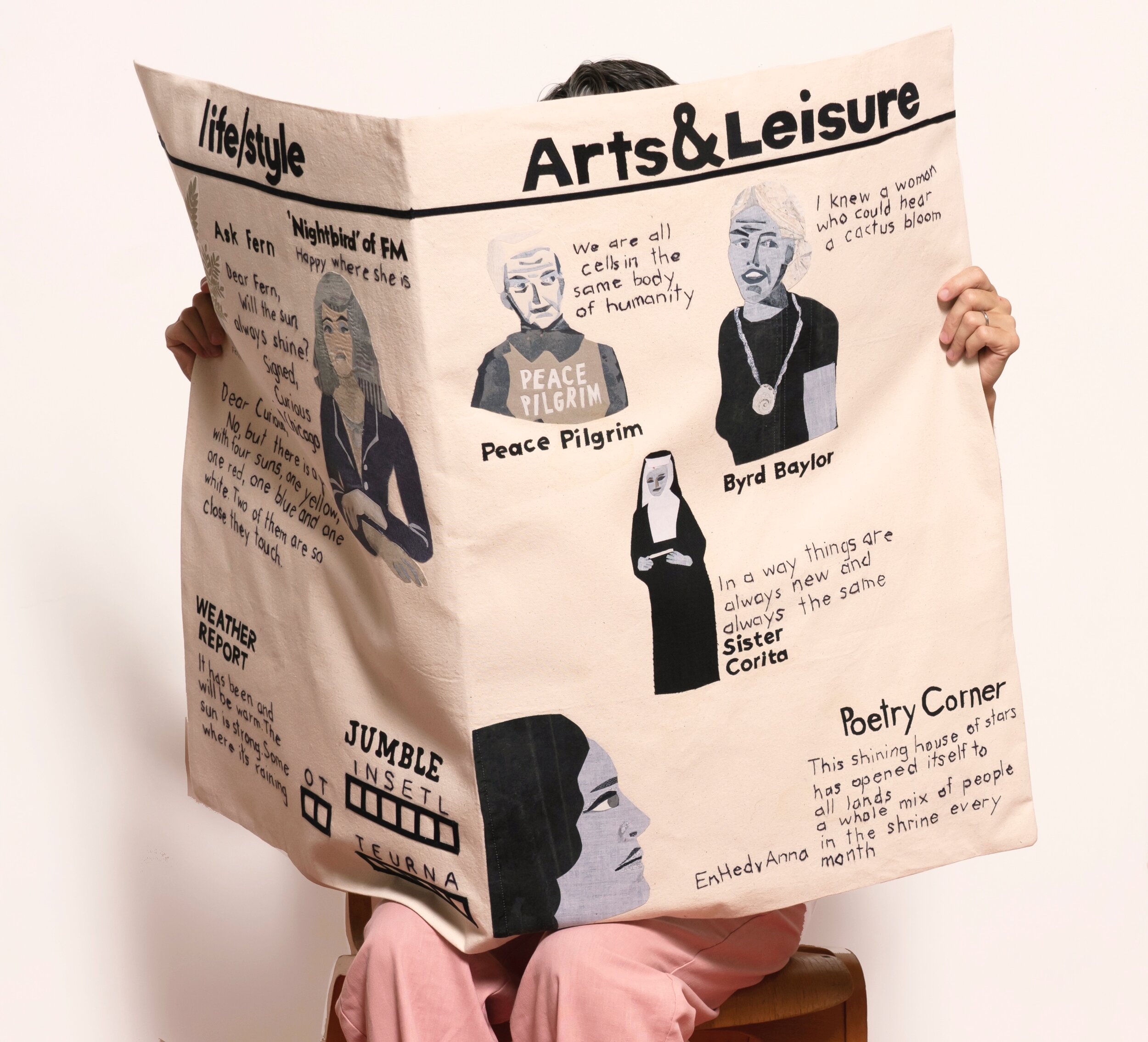 Arts &amp; Leisure 2019, 50” x 33” x 1”, canvas, embroidery thread, cotton, silk, polyester, wonder under