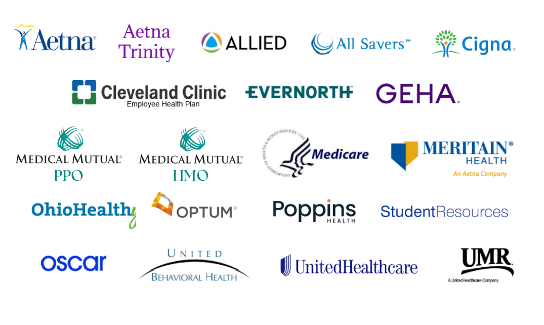 Aetna-AetnaTrinity-Allied-AllSavers-Cigna-ClevelandClinic-Evernorth-GEHA-MedicalMutualPPO-MedicalMutualHMO-Medicare-Meritain-OhioHealthy-Optum-Poppins-StudentResources-Oscar-UnitedBehavioralHealth-UnitedHealthcare-UMR