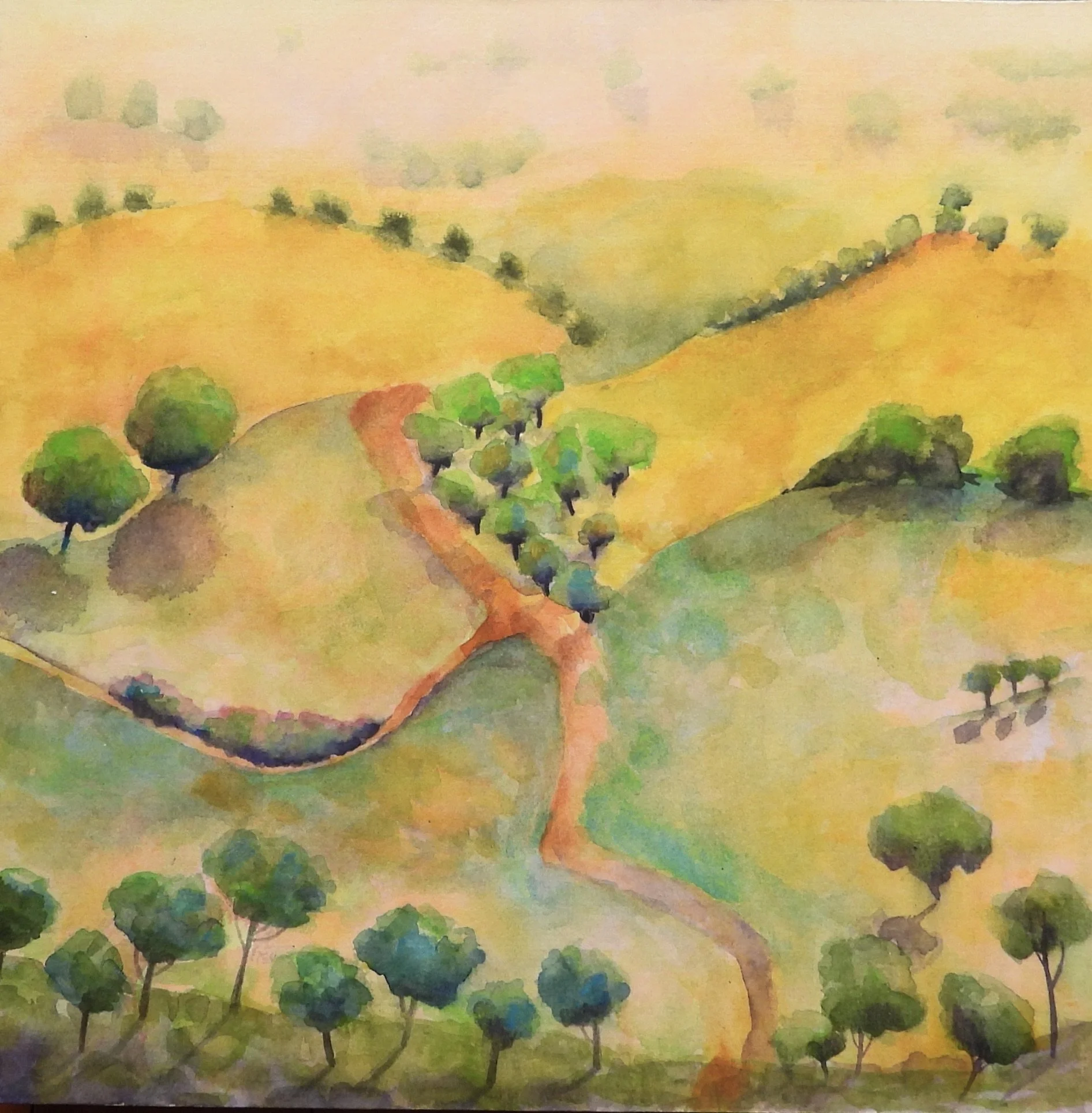 Misty Gold Annette Miles-Mccarron 30x30cms watercolour mounted on oak panel.JPG
