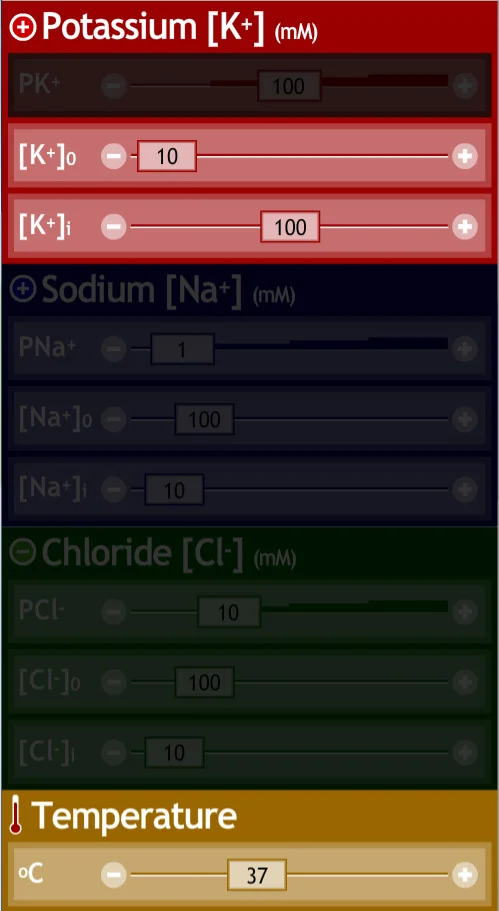 Temperature, ion concentrations, and relative permeability can be easily adjust by using sliders.