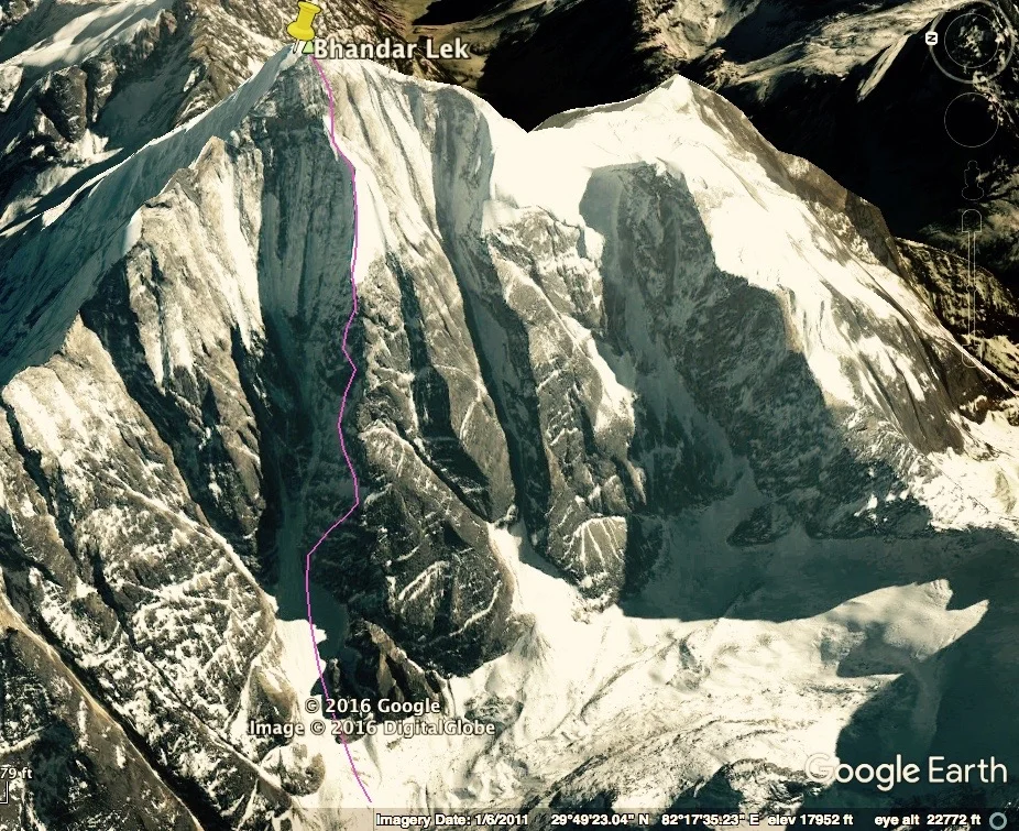 Route of Descent.  Down climbing and rappelling with a 40 meter 6mm rope.  