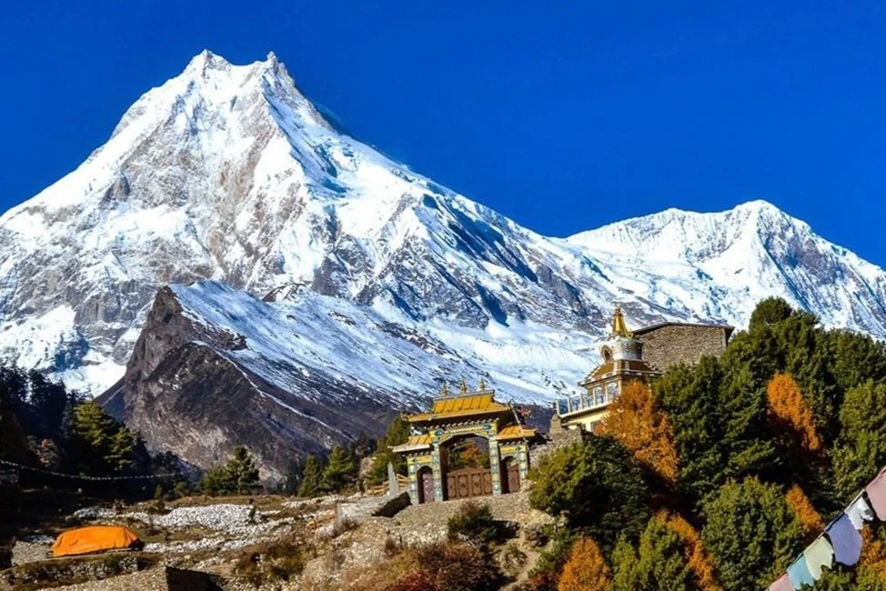 Manaslu with temples in the foreground.