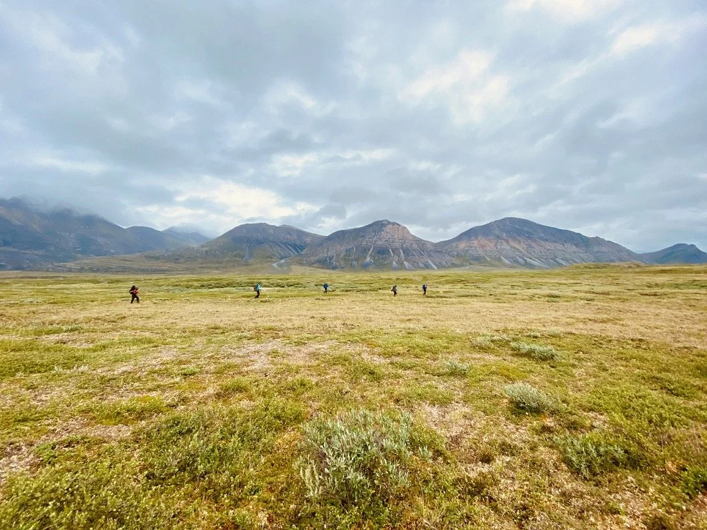 Backpackers walking up a broad valley in Gates of the Arctic