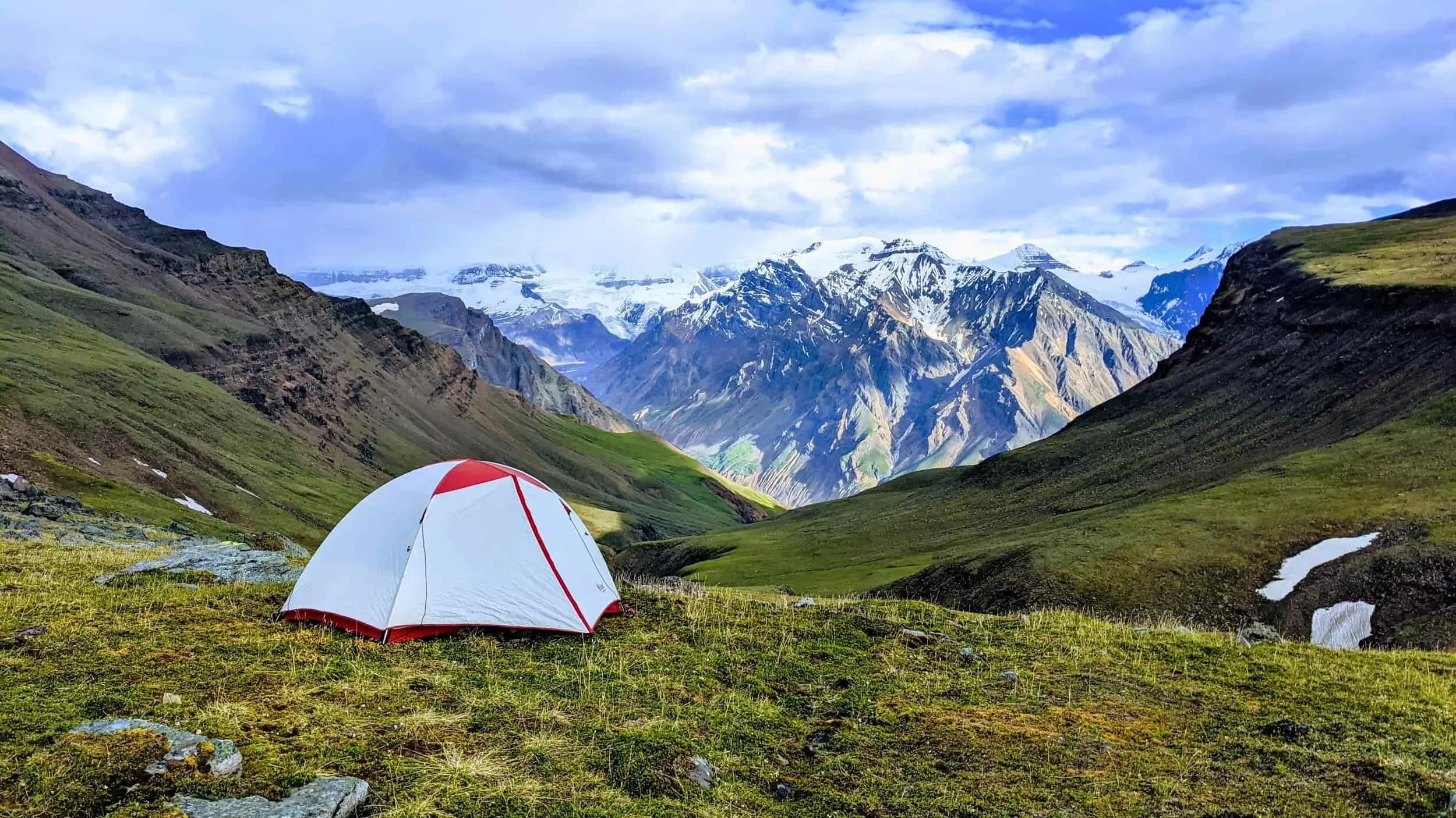 Tent in a mountain pass.