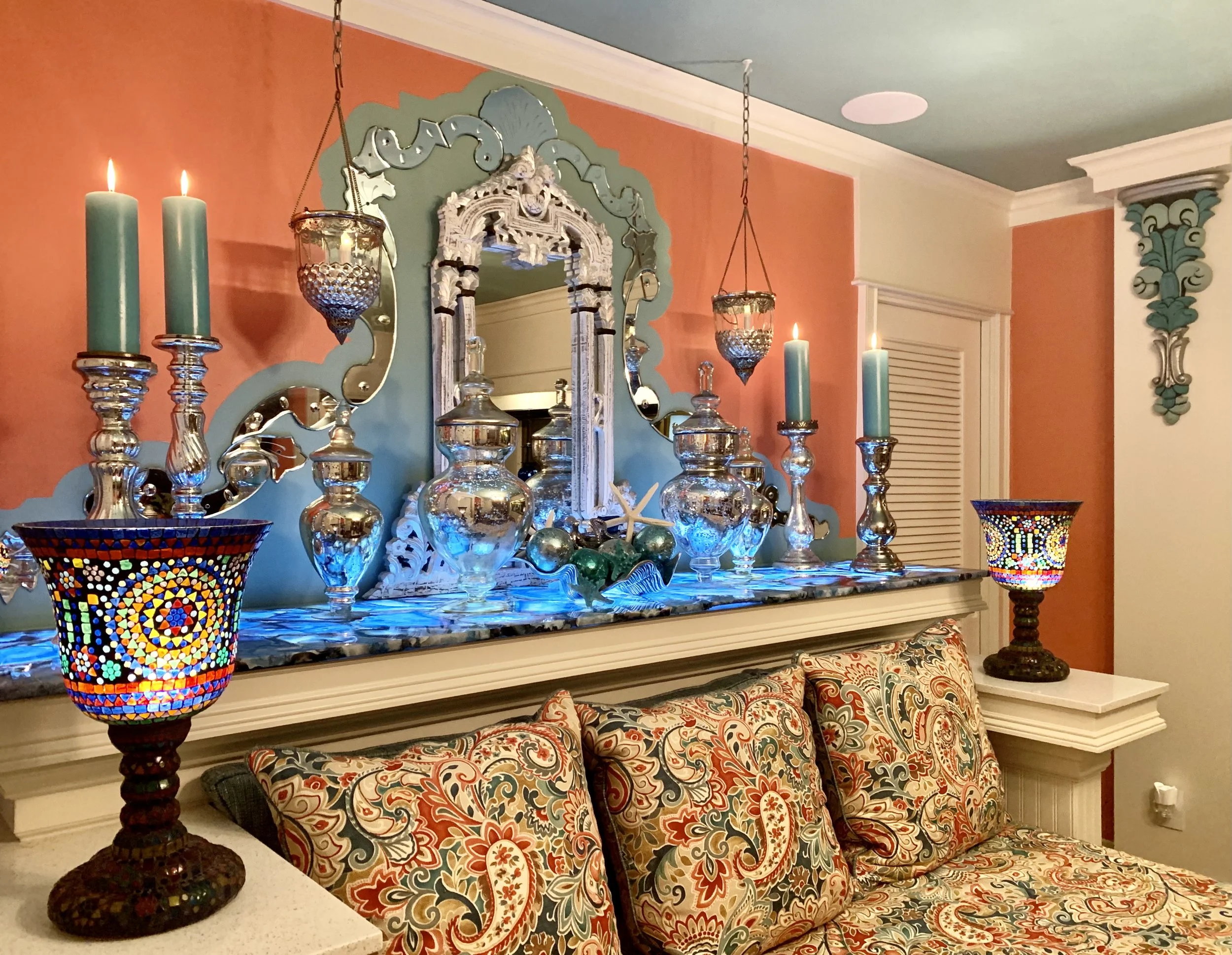 Mediterranean colorful day bed with Venetian mirror and Blue Agate counter in Fort Lauderdale