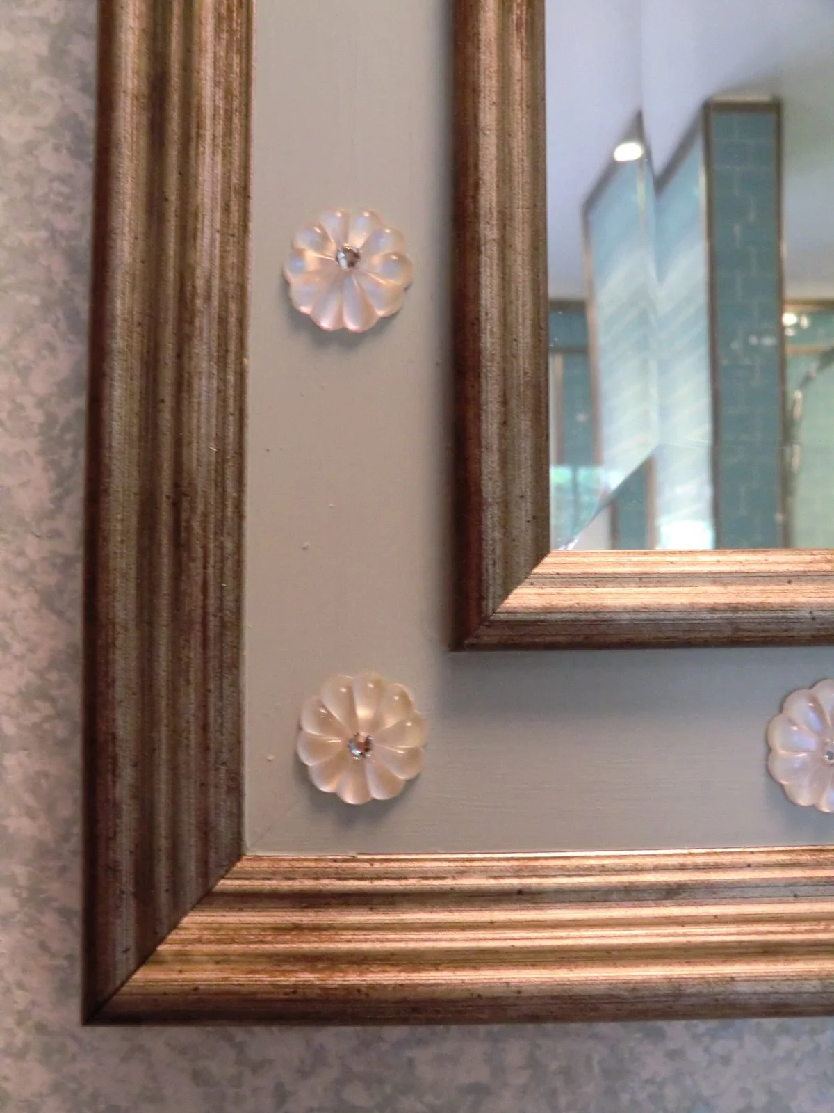 Custom bathroom mirror with aqua and silver frame and Swarovski crystal in Delray Beach
