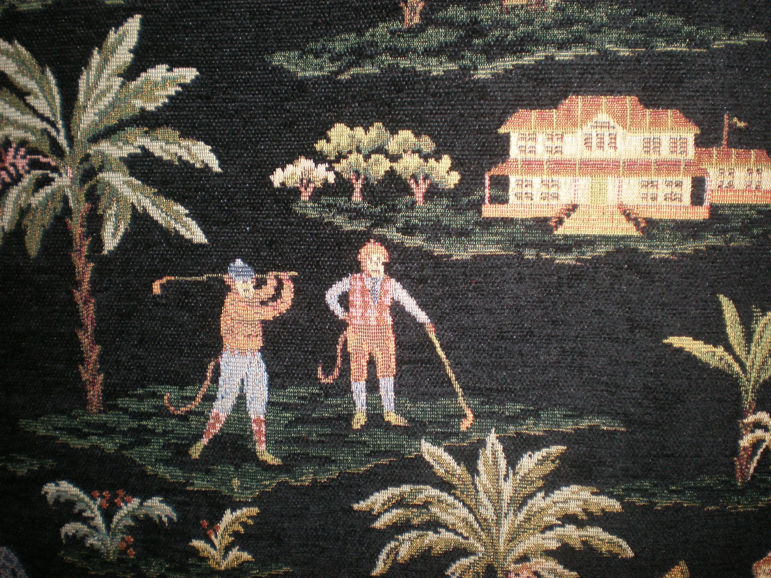 tropical fabric with monkeys golfing on day bed in Delray Beach