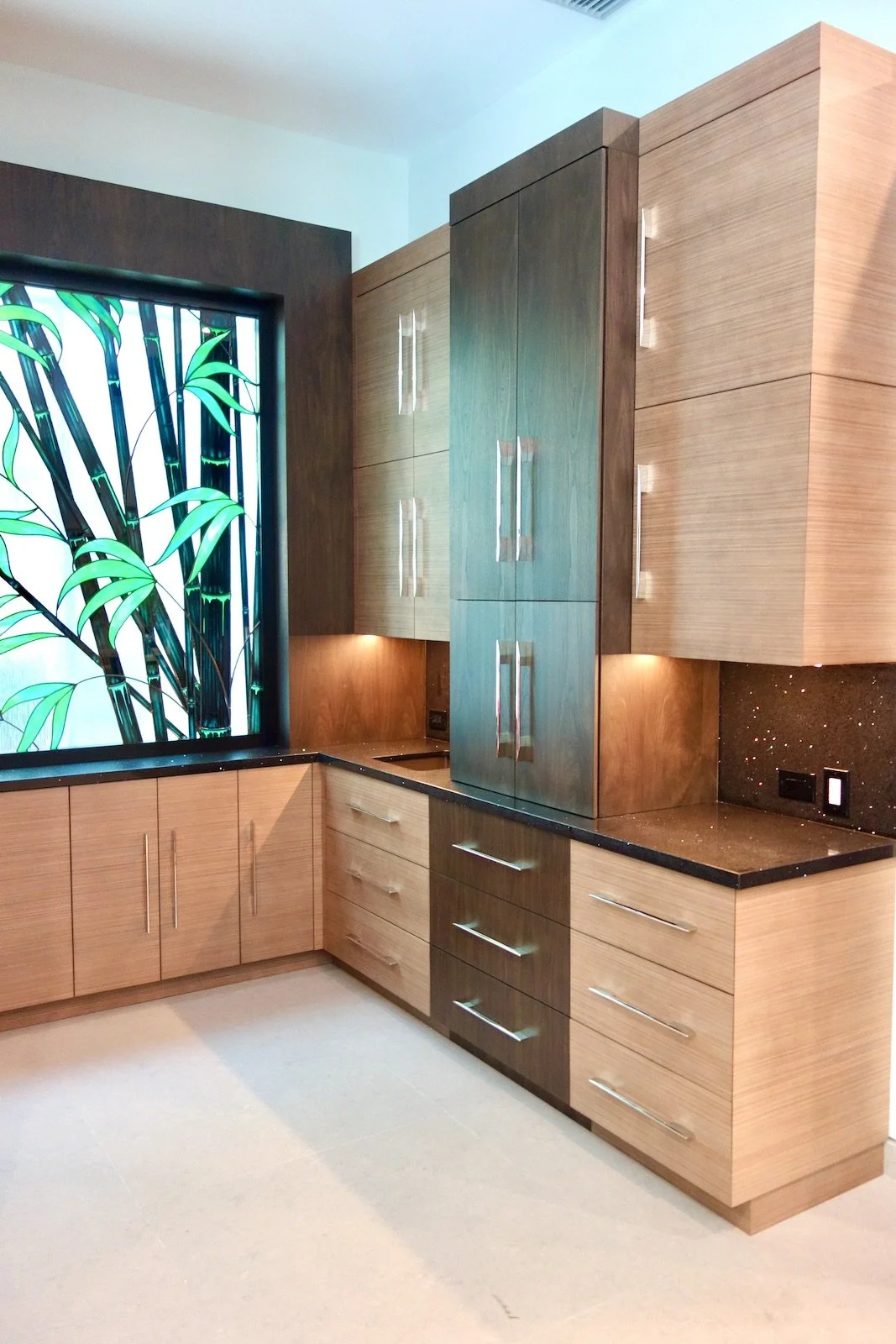 Luxury modern wine and coffee bar with dark and light wood in Fort Lauderdale